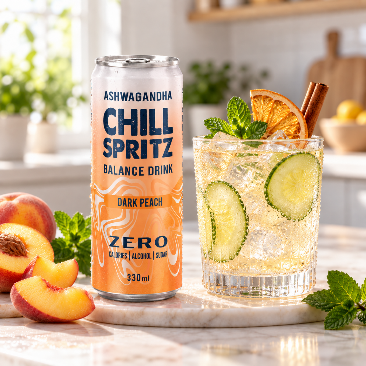 Chill Spritz Dark Peach - Alcohol-Free Functional Drink (0.0% ABV, 330ml Can) - Wise Bartender - Functional