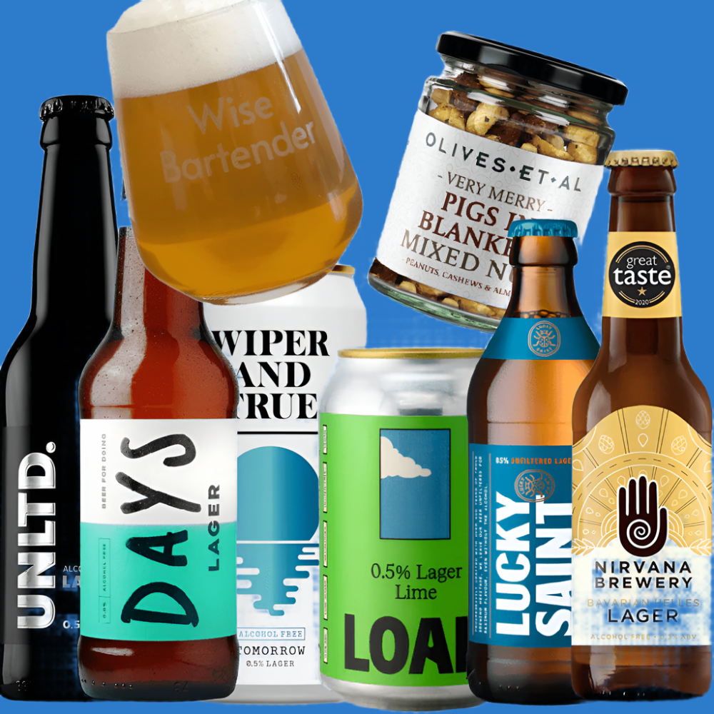 Nuts about Lager' 6 alcohol Free Beer Pack with Snacks and Glass Gift Pack